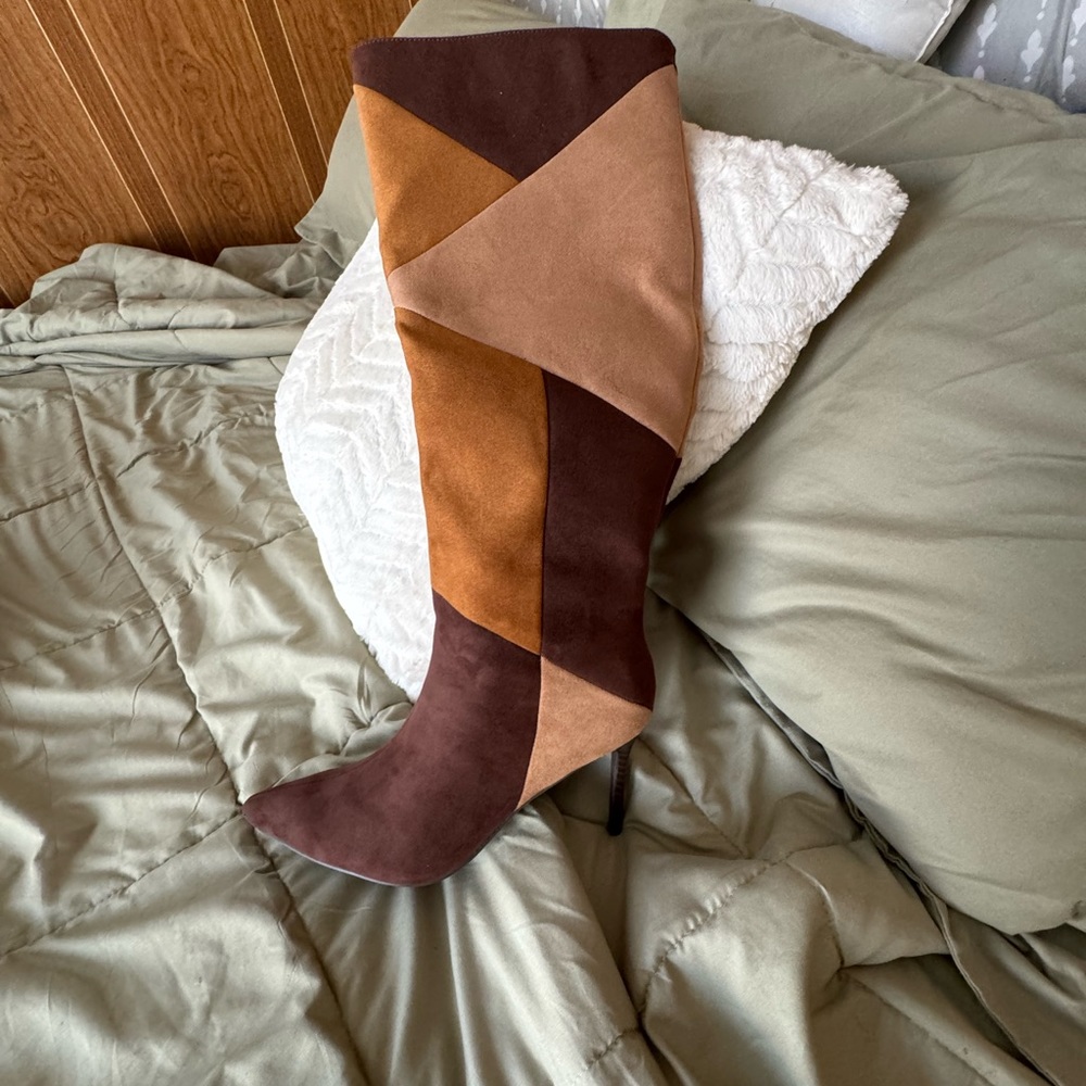 Never worn color blocked knee high boots with stiletto heel